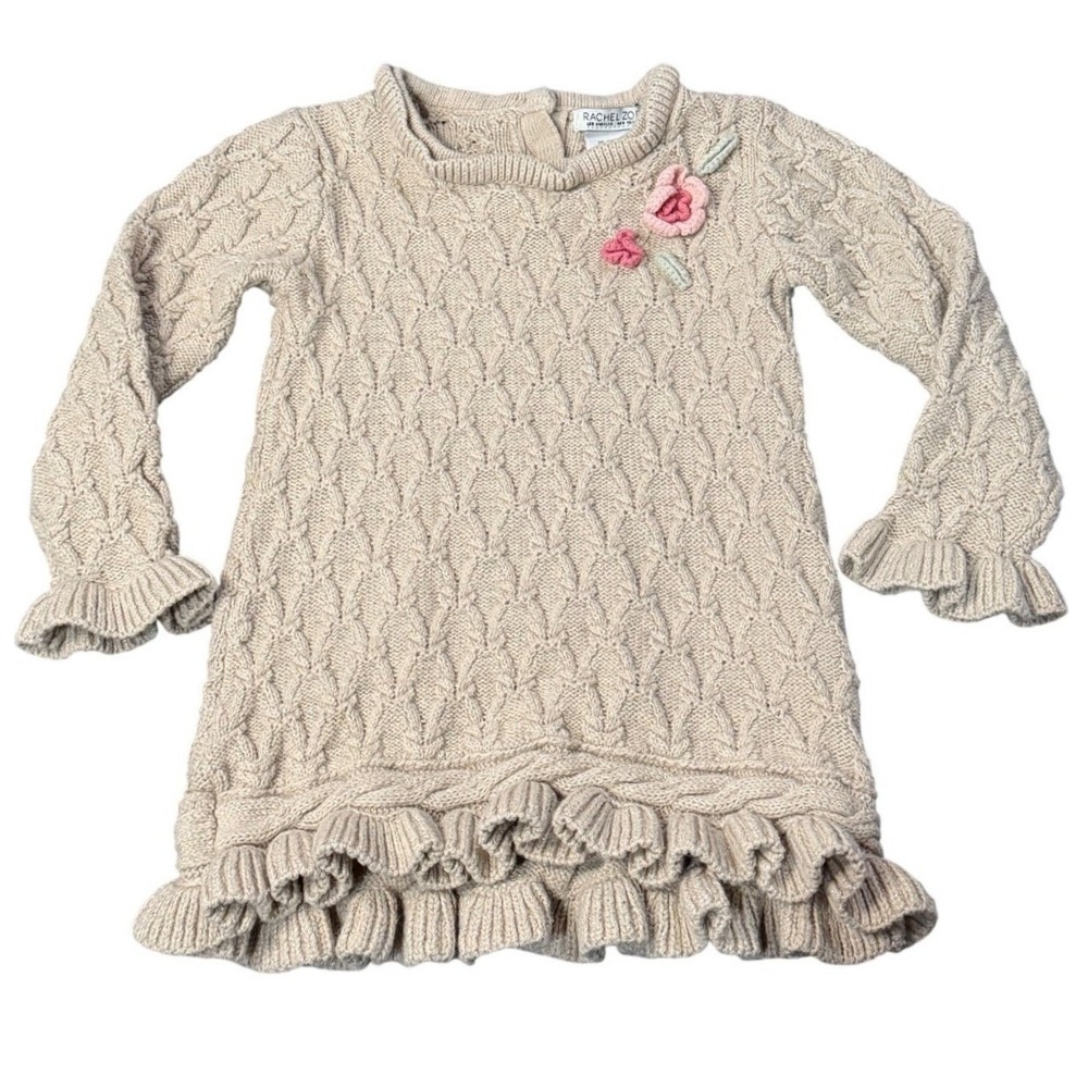 Rachel Zoe Sweater Dress Tan Beige Floral Ruffle Knit Long Sleeve 24M Girls